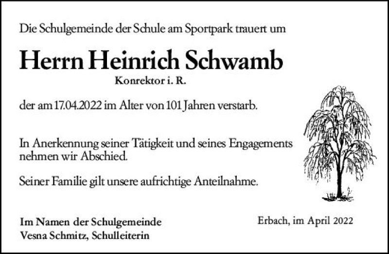  Traueranzeige für Heinrich Schwamb vom 30.04.2022 aus vrm-trauer Odenwälder Echo