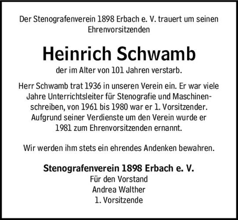  Traueranzeige für Heinrich Schwamb vom 23.04.2022 aus vrm-trauer Odenwälder Echo
