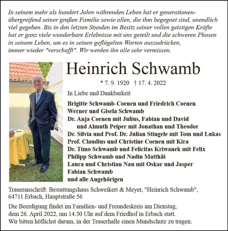  Traueranzeige für Heinrich Schwamb vom 23.04.2022 aus vrm-trauer Odenwälder Echo