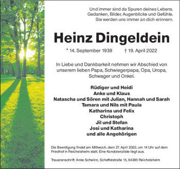 Traueranzeige von Heinz Dingeldein von vrm-trauer Odenwälder Echo