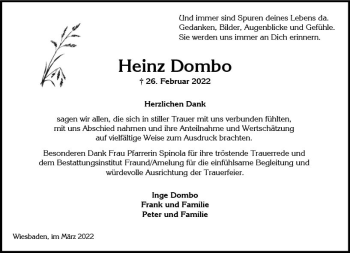 Traueranzeige von Heinz Dombo von vrm-trauer Wiesbadener Kurier