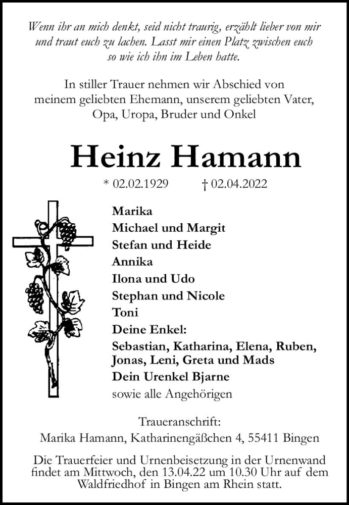  Traueranzeige für Heinz Hamann vom 09.04.2022 aus vrm-trauer Allgemeine  Zeitung Ingelheim-Bingen
