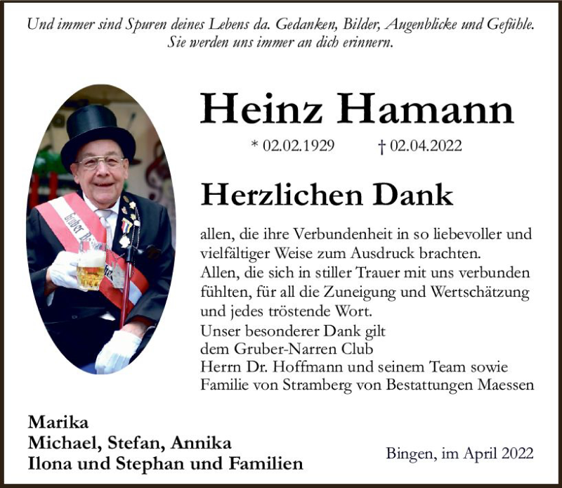  Traueranzeige für Heinz Hamann vom 23.04.2022 aus vrm-trauer Allgemeine  Zeitung Ingelheim-Bingen