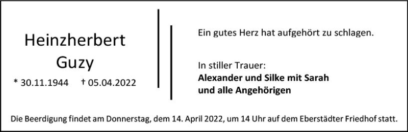  Traueranzeige für Heinzherbert Guzy vom 09.04.2022 aus vrm-trauer Darmstädter Echo