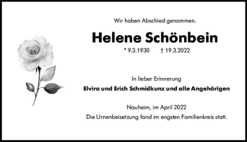 Traueranzeige von Helene Schönbein von vrm-trauer Groß-Gerauer Echo