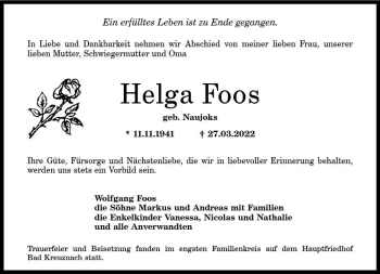 Traueranzeige von Helga Foos von vrm-trauer Allg. Zeitung Bad Kreuznach