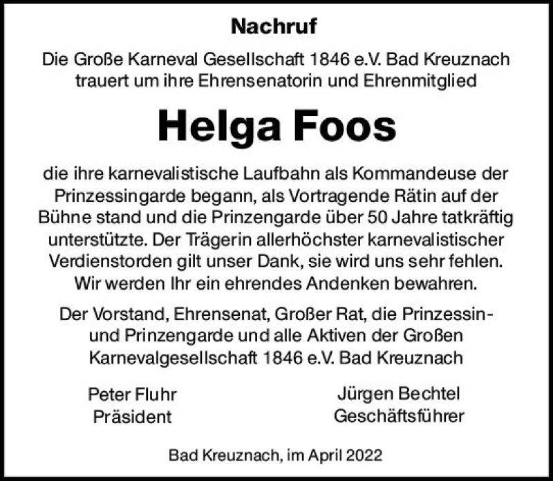  Traueranzeige für Helga Foos vom 09.04.2022 aus vrm-trauer Allg. Zeitung Bad Kreuznach