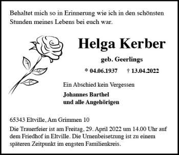 Traueranzeige von Helga Kerber von vrm-trauer Rheingau