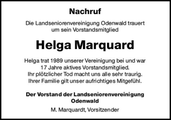 Traueranzeige von Helga Marquard von vrm-trauer Odenwälder Echo