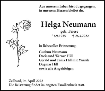 Traueranzeige von Helga Neumann von vrm-trauer Bürstädter/Lamperth. Ztg/Starkenburger