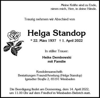 Traueranzeige von Helga Standop von vrm-trauer Wiesbadener Kurier