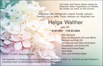 Traueranzeige von Helga Walther von vrm-trauer Odenwälder Echo
