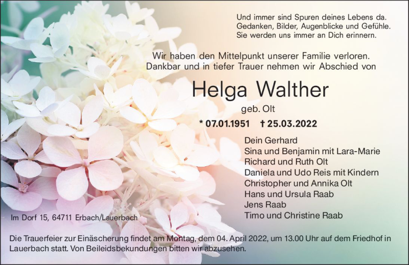 Traueranzeige für Helga Walther vom 02.04.2022 aus vrm-trauer Odenwälder Echo