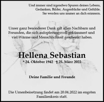 Traueranzeige von Hellena Sebastian von vrm-trauer Wiesbadener Kurier