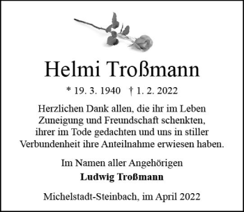 Traueranzeige von Helmi Troßmann von vrm-trauer Odenwälder Echo