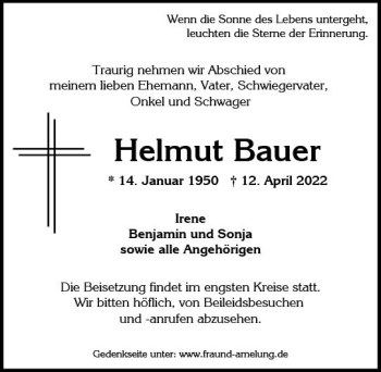 Traueranzeige von Helmut Bauer von vrm-trauer Wiesbadener Kurier