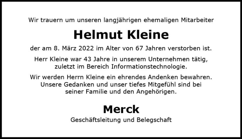  Traueranzeige für Helmut Kleine vom 02.04.2022 aus vrm-trauer Darmstädter Echo