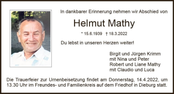 Traueranzeige von Helmut Mathy von vrm-trauer DieburgerAnzeiger/Groß-Zimmerner Lokala