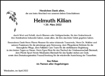 Traueranzeige von Helmuth Kilian von vrm-trauer Wiesbadener Kurier