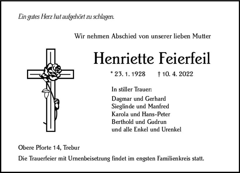  Traueranzeige für Henriette Feierfeil vom 19.04.2022 aus vrm-trauer Rüsselsheimer Echo / MainSpitze