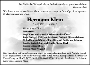 Traueranzeige von Hermann Klein von vrm-trauer Wormser Zeitung