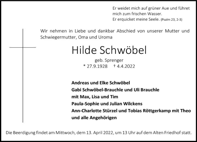 Traueranzeige für Hilde Schwöbel vom 09.04.2022 aus vrm-trauer Darmstädter Echo