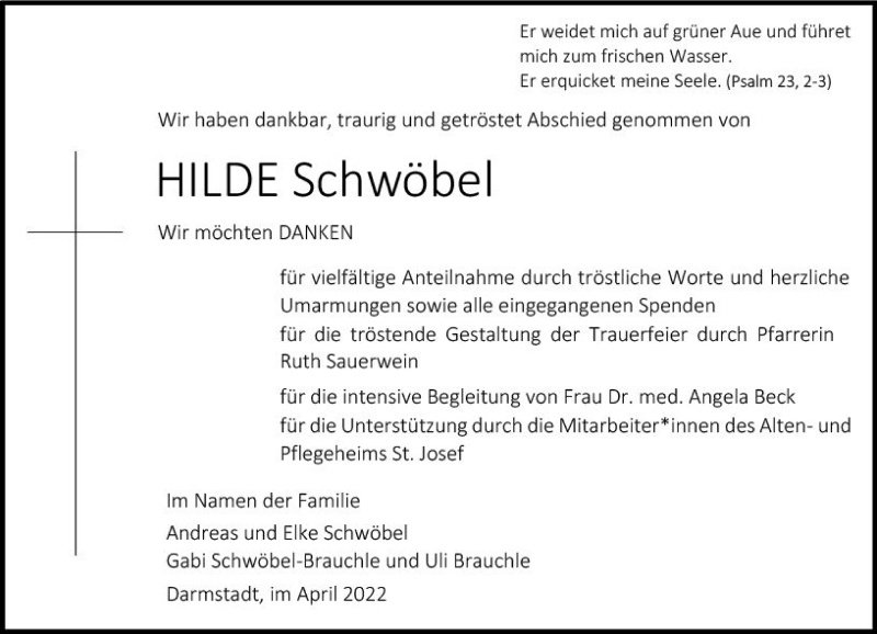  Traueranzeige für Hilde Schwöbel vom 23.04.2022 aus vrm-trauer Darmstädter Echo