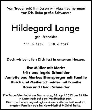 Traueranzeige von Hildegard Lange von vrm-trauer Darmstädter Echo