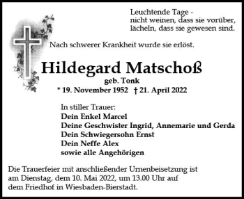 Traueranzeige von Hildegard Matschoß von vrm-trauer Wiesbadener Kurier