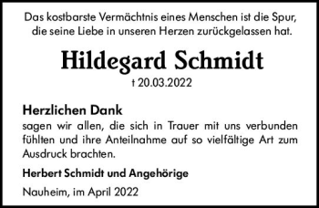 Traueranzeige von Hildegard Schmidt von vrm-trauer Rüsselsheimer Echo / MainSpitze