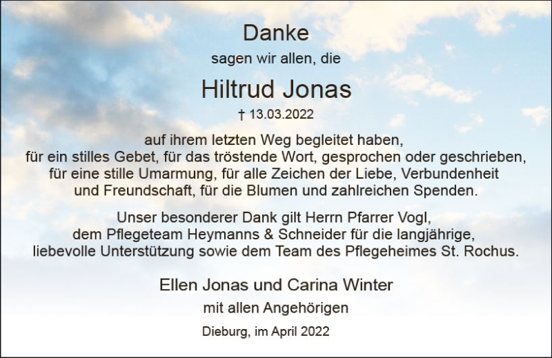  Traueranzeige für Hiltrud Jonas vom 09.04.2022 aus vrm-trauer DieburgerAnzeiger/Groß-Zimmerner Lokala