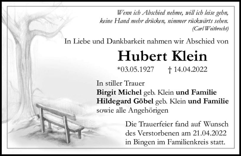  Traueranzeige für Hubert Klein vom 23.04.2022 aus vrm-trauer Allgemeine  Zeitung Ingelheim-Bingen