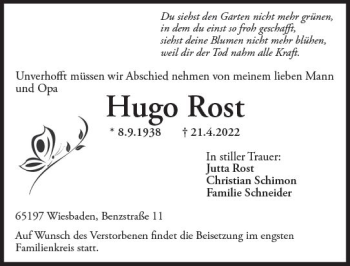 Traueranzeige von Hugo Rost von vrm-trauer Wiesbadener Kurier