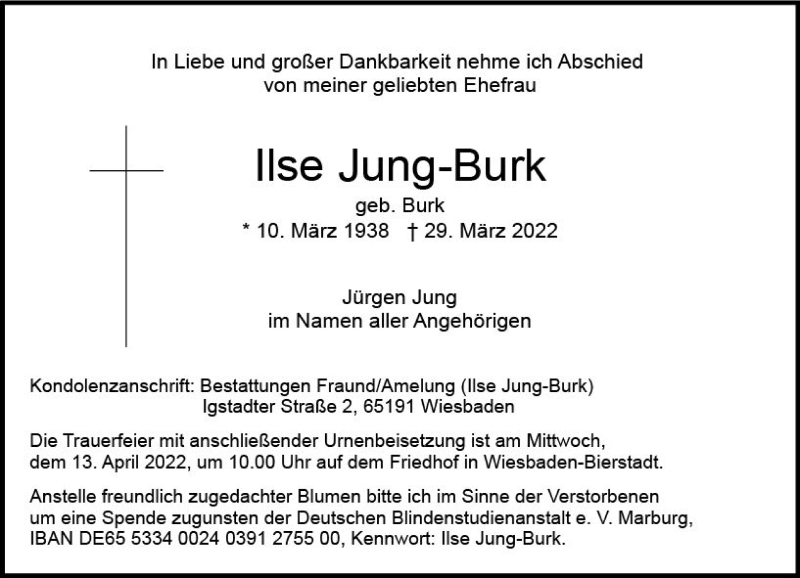  Traueranzeige für Ilse Jung-Burk vom 09.04.2022 aus vrm-trauer Wiesbadener Kurier