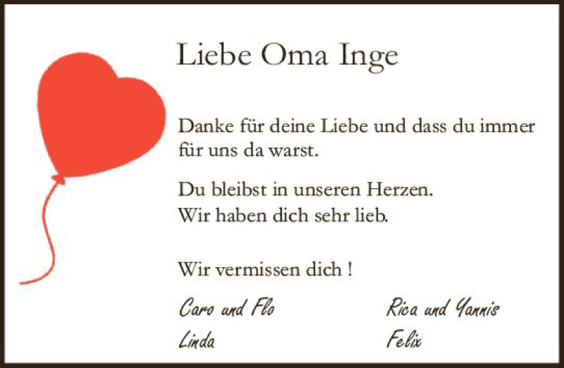  Traueranzeige für Inge  vom 09.04.2022 aus vrm-trauer Darmstädter Echo