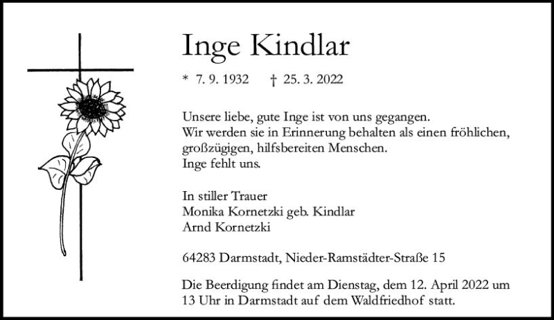  Traueranzeige für Inge Kindlar vom 09.04.2022 aus vrm-trauer Darmstädter Echo