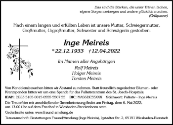 Traueranzeige von Inge Meireis von vrm-trauer Wiesbadener Kurier