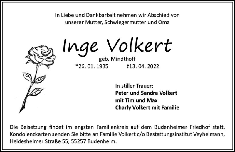  Traueranzeige für Inge Volkert vom 23.04.2022 aus vrm-trauer AZ Mainz