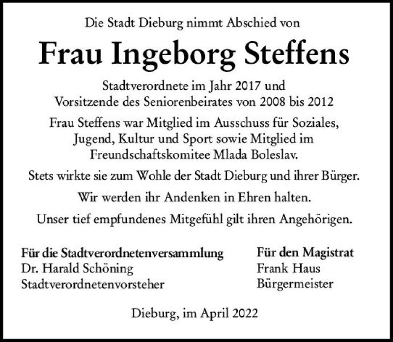  Traueranzeige für Ingeborg Steffens vom 28.04.2022 aus vrm-trauer DieburgerAnzeiger/Groß-Zimmerner Lokala