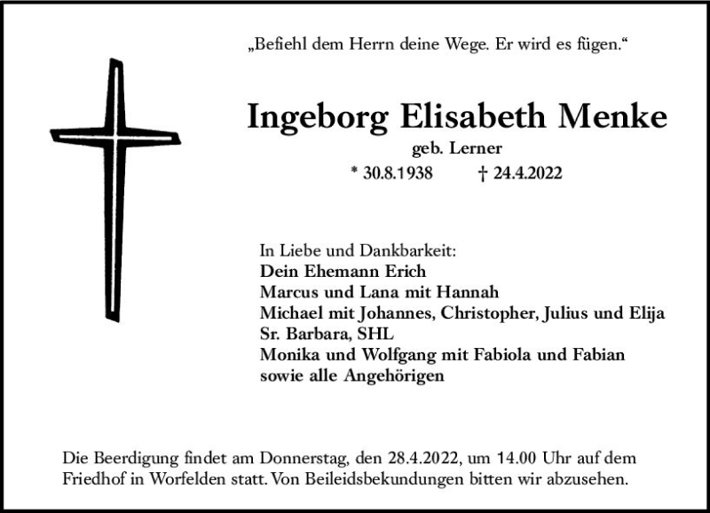  Traueranzeige für Ingeborg Elisabeth Menke vom 27.04.2022 aus vrm-trauer Groß-Gerauer Echo