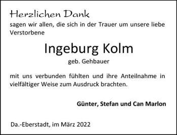 Traueranzeige von Ingeburg Kolm von vrm-trauer Darmstädter Echo