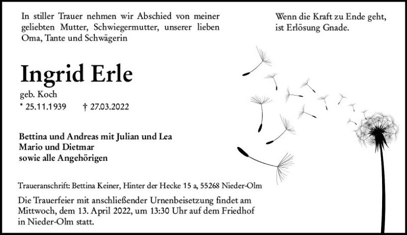  Traueranzeige für Ingrid Erle vom 09.04.2022 aus vrm-trauer AZ Mainz