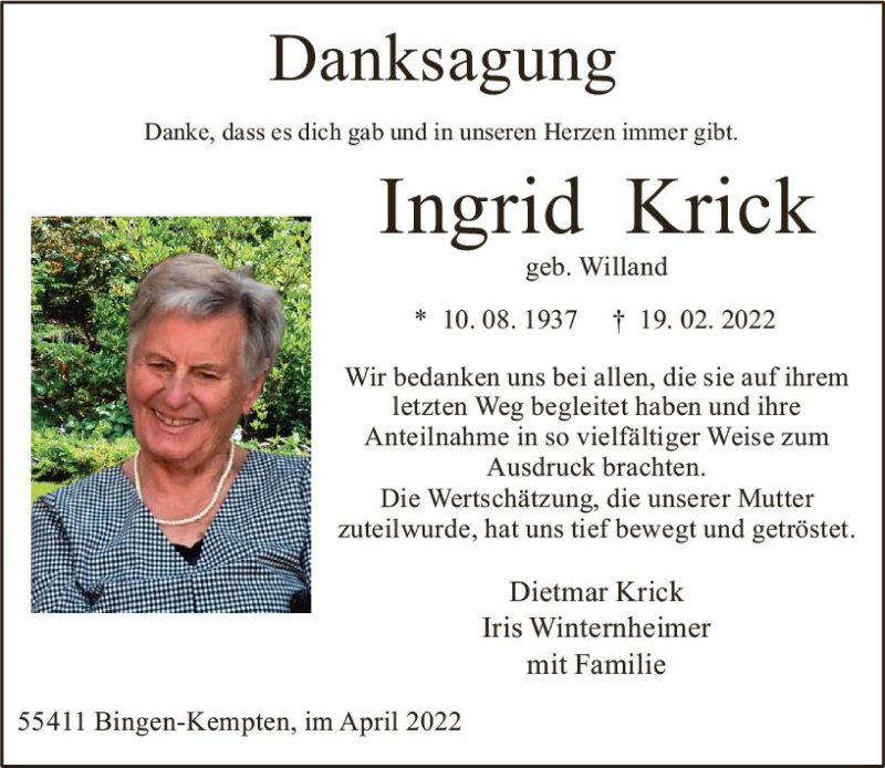 Traueranzeige für Ingrid Krick vom 23.04.2022 aus vrm-trauer Allgemeine  Zeitung Ingelheim-Bingen
