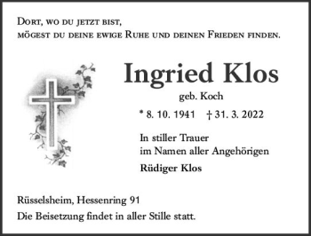Traueranzeige von Ingried Klos von vrm-trauer Rüsselsheimer Echo / MainSpitze
