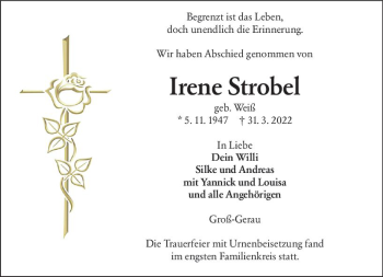 Traueranzeige von Irene Strobel von vrm-trauer Groß-Gerauer Echo