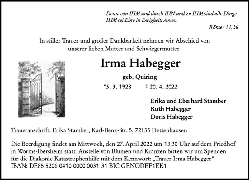  Traueranzeige für Irma Habegger vom 25.04.2022 aus vrm-trauer Wormser Zeitung