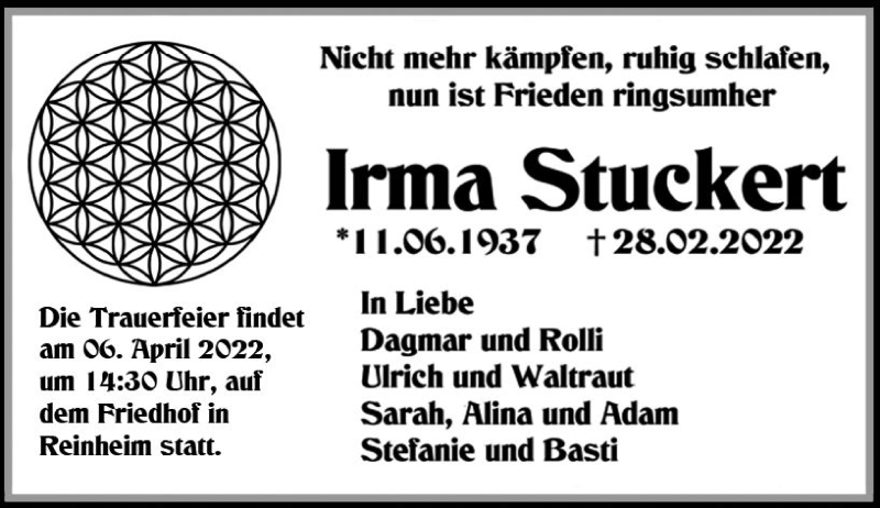  Traueranzeige für Irma Stuckert vom 02.04.2022 aus vrm-trauer Darmstädter Echo