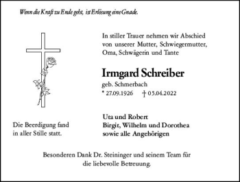 Traueranzeige von Irmgard Schreiber von vrm-trauer Darmstädter Echo