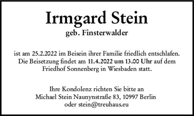  Traueranzeige für Irmgard Stein vom 02.04.2022 aus vrm-trauer Wiesbadener Kurier