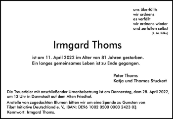 Traueranzeige von Irmgard Thoms von vrm-trauer Darmstädter Echo